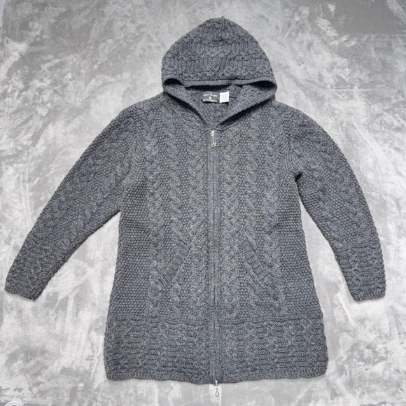 The Irish Store Sweaters - The Irish Store Merino Wool Cable Knit Hooded Cardigan Women L Celtic Zipper